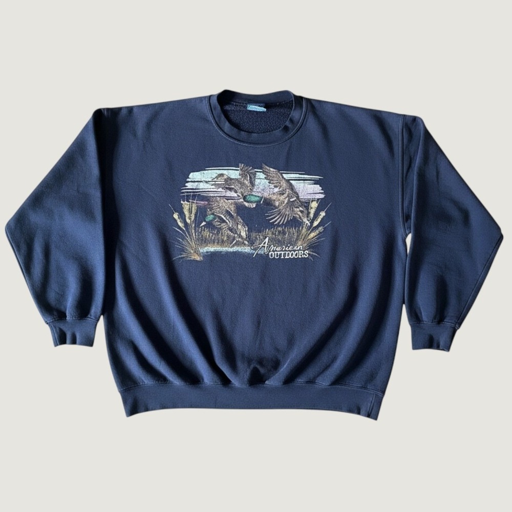Puritan Sweatshirt Mens Large Navy Blue Crewneck Fleece Duck Graphic Outdoors